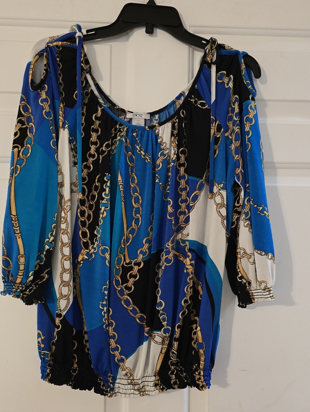 Cache Blue and Black Chain-Print Cold-Shoulder Top